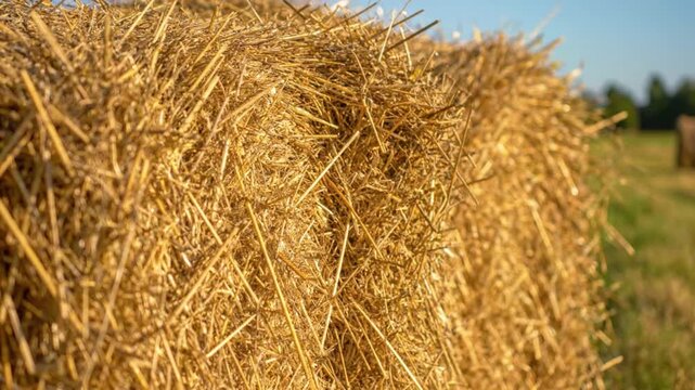 Close-up of golden hay bales stacked in a rural agricultural field under natural daylight.