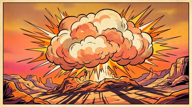 Comic Book Style Explosion in Desert Landscape with Mushroom Cloud and Blast Lines, Vintage Pop Art Illustration