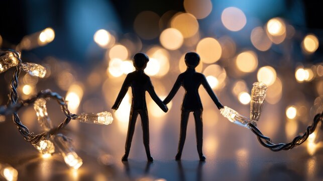 Couple holding hands with string lights