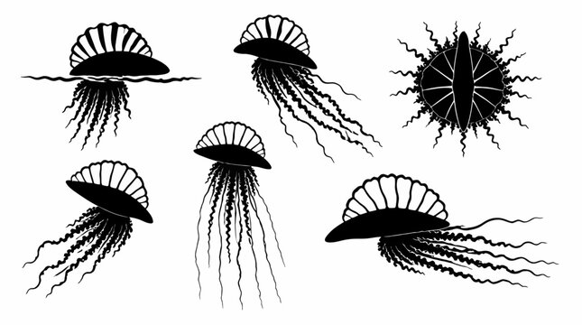 Portuguese Man o' War jellyfish silhouette set, marine life collection
