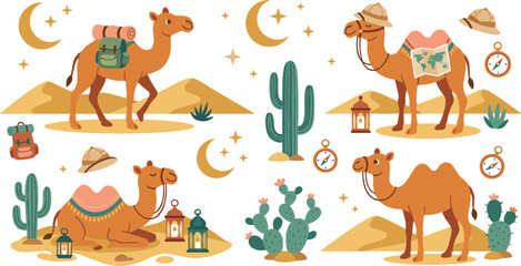 Desert travel camel illustration set with safari gear compass backpack dunes and cactus elements for tourism marketing and scrapbooking design © Protima