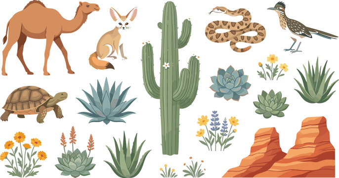 Desert wildlife and flora illustration set featuring realistic camel fennec fox snake roadrunner tortoise cactus and succulents for educational marketing design