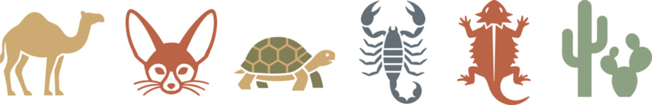 Desert wildlife icon set featuring minimalist flat silhouettes of camel fennec fox tortoise scorpion lizard and cactus for branding logo design