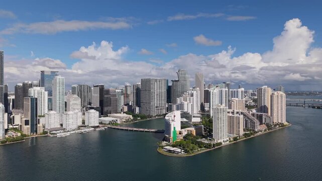 Famous oceanfront of Brickell in Miami. Miami skyline with skyscrapers along Biscayne Bay. Miami panorama with skyscrapers. Miami business district sky view.