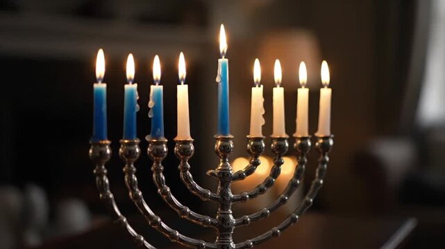 Traditional blue and white menorah with lit candles casting warm glow against a dark, textured background during Hanukkah celebration.