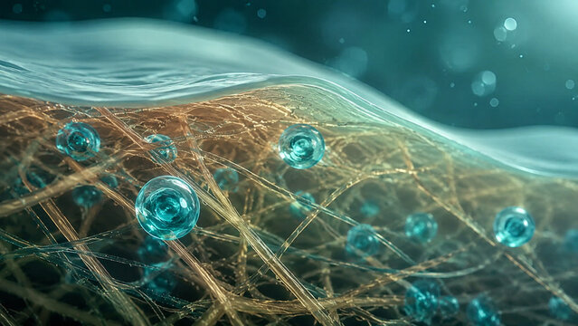 AI generated microscopic skin structure collagen fibers living cells illustrating tissue regeneration skincare biotechnology wound healing biomedical science