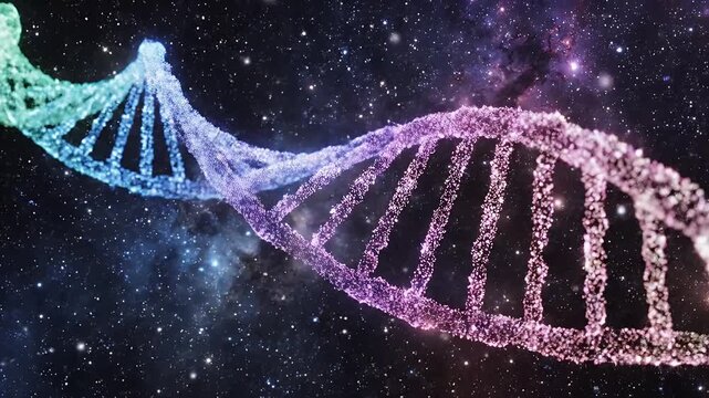Colorful rainbow DNA helix in starry space background.