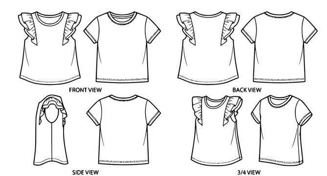 Girls Ruffle Tank Top and Tee Shirt Apparel Set Technical Fashion Flat Vector
