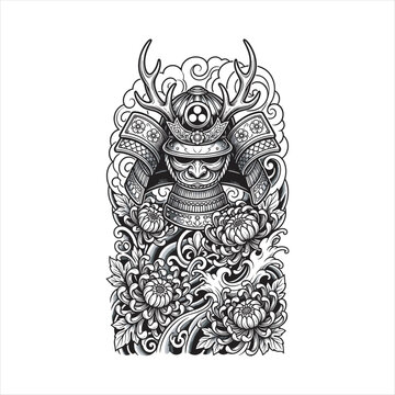 Traditional Japanese samurai helmet with antler crest, chrysanthemum flowers, stylized ocean waves, and swirling clouds in detailed black and white line art for tattoo and vector designs
