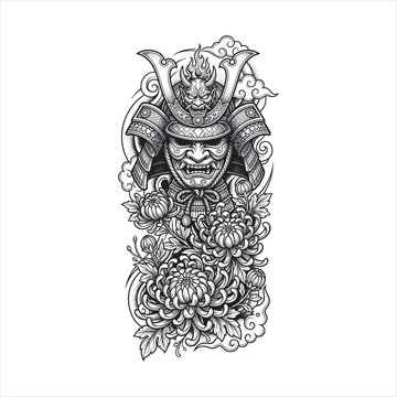Detailed Japanese samurai mask with ornate kabuto helmet, fierce oni crest, chrysanthemum flowers, and swirling clouds in black and white line art, perfect for tattoo and vector designs