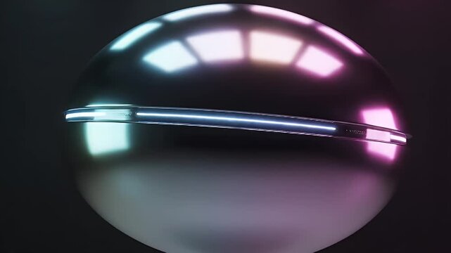 Highly reflective chrome sphere with neon reflections in a dark minimalist studio setting