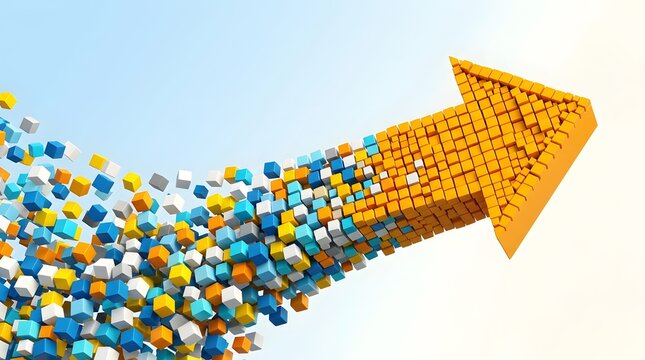 Swarm of colorful small cubes converging to form a large orange upward arrow. Concept of corporate business growth and structural data organization.