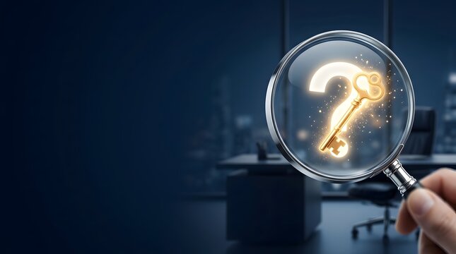 Hand holding magnifying glass over a glowing golden question mark key. Concept of corporate business investigation and executive problem solving.