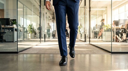 Obraz premium Businessman in navy blue suit walking through modern glass office corridor wearing black polished leather shoes