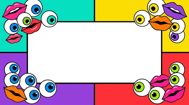 Colorful Pop Art Border with Cartoon Eyes and Lips and Central White Copy Space