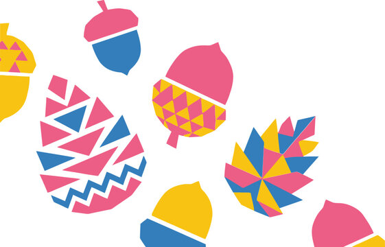 Colorful Geometric Acorns and Pinecones Illustration on White Background