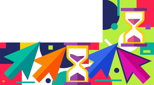 Colorful Abstract Productivity Banner with Hourglasses and Cursors