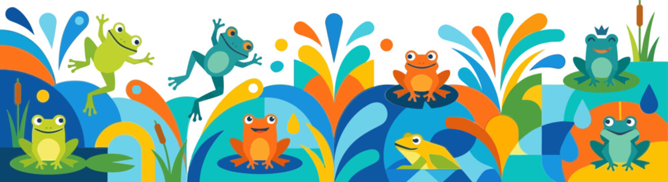 Colorful Cute Frogs Splashing in a Pond Flat Vector Illustration