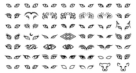 Big Collection of Wild Animal and Predator Eye Icons with Tiger Cat Leopard Tribal Makeup and Mystical Eye Line Art Vector Illustration Elements © TOHURA