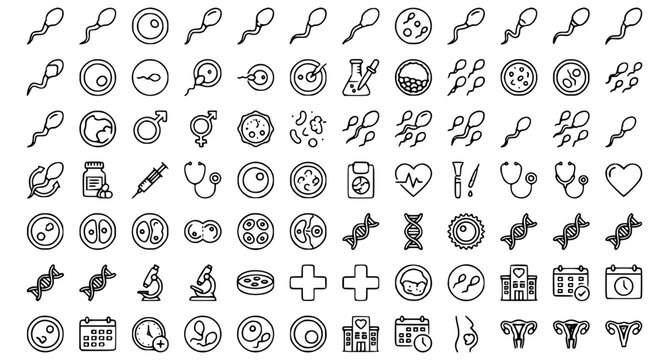 Sperm and Egg Cell Human Reproduction Line Icon Set with In Vitro Fertilization DNA Helix Microscope and Gynecology Clinic Vector Graphic Illustrations
