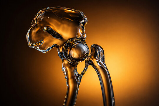 AI generated transparent hip joint anatomy pelvis femur smooth glass structure warm amber light for orthopedics medicine healthcare education skeletal science
