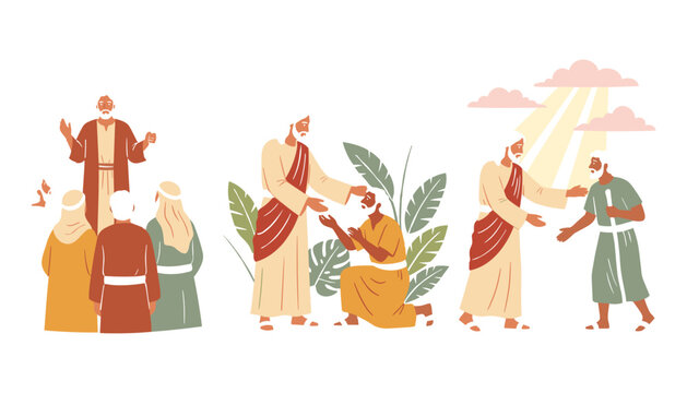 Christian biblical vector illustration set depicting Jesus Christ preaching healing the sick and performing miracles with divine light