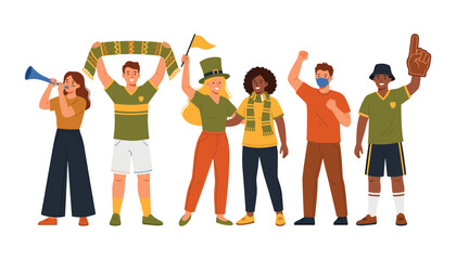 Fototapeta premium Diverse group of sports fans and cheering supporters wearing green and yellow team colors celebrating victory together vector illustration