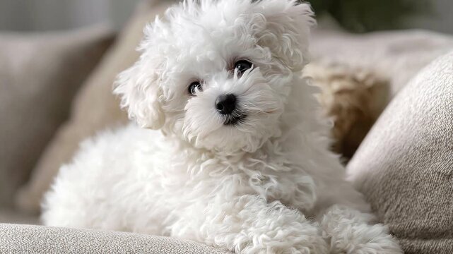 ソファでくつろぎながら首をかしげるかわいいビションフリーゼの子犬