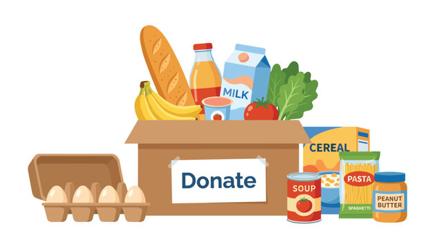 Food donation cardboard box vector illustration with grocery items charity support care volunteer help and community welfare concept