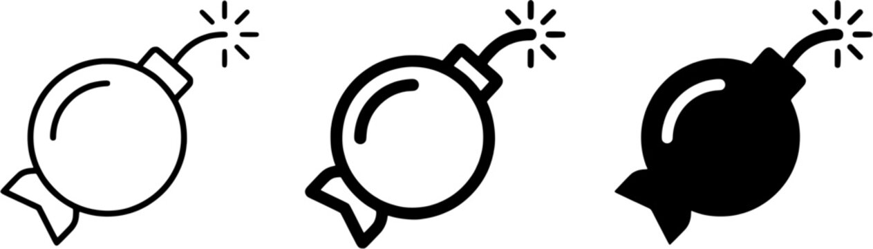 Bomb icon set in outline and solid black styles. Editable vector illustration of explosive symbols on white background.
