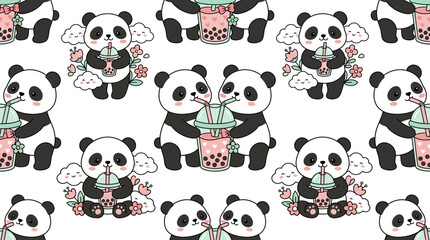 Cute panda bears drinking bubble tea illustration © Brownis
