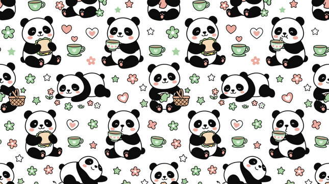 Cute Panda Bears Pattern with Coffee Cups
