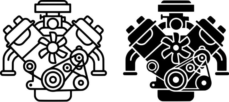 Car engine icon set. Internal combustion motor symbols in outline and solid black styles. Editable vector illustration on white background.