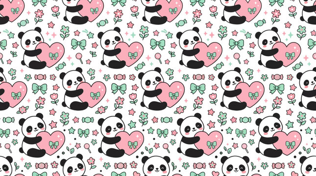 Cute panda holding pink heart seamless pattern