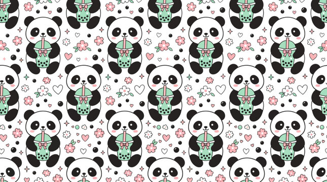 Cute Panda With Bubble Tea Pattern