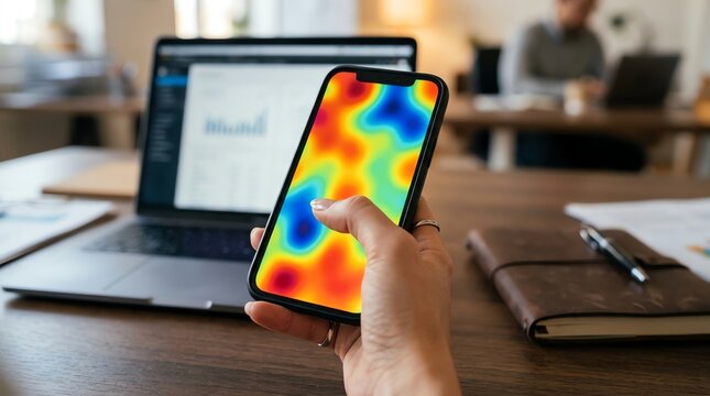Person holding smartphone displaying a colorful heatmap data visualization on screen in office workspace