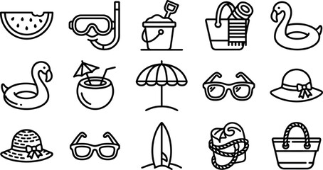 Fototapeta premium Summer Vacation Icons Watermelon Snorkel Drink Beach Basket And Inflatable Swan