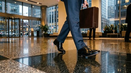 Obraz premium Dynamic businessman with a briefcase confidently strides through a sleek, reflective corporate lobby, reflecting ambition and modern professional life