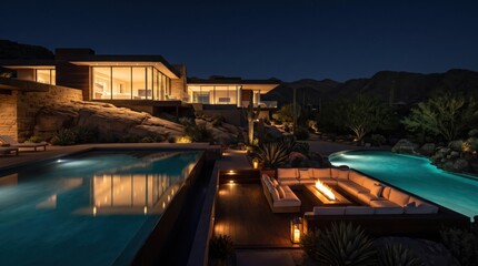 Fototapeta premium Modern desert residence with pool and fire lounge at night