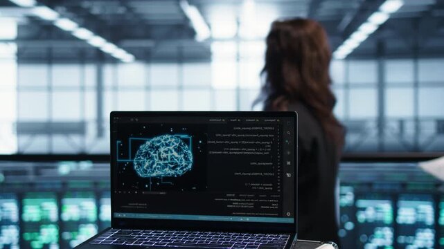 Data center workflow shows engineers using laptop for neural networks, while predictive maintenance and screen detail stay part of the process.