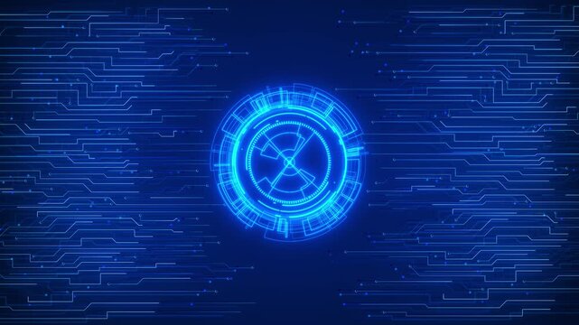 Cyan scanner interface tech visual glowing round target, circuit traces, and blue digital symmetry. dashboard , AI visuals, processor graphics, network explainers, and futuristic motion backgrounds.