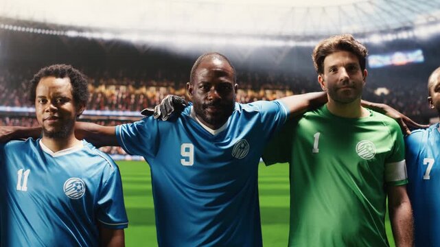 Portrait of diverse football players in blue jersey posing with confidence, standing in pre-match lineup with teammates shoulder to shoulder, match day opening ceremony, team spirit.
