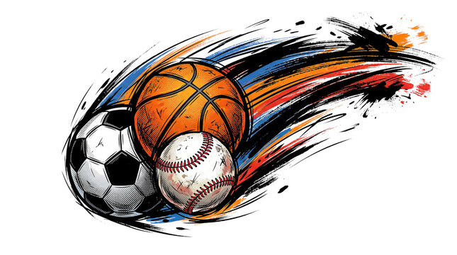 Dynamic soccer basketball and baseball sports set isolated on transparent background