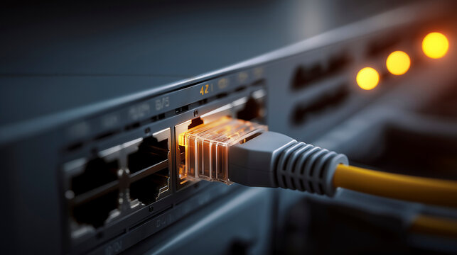 Close-up of Ethernet Cable Plugged into Network Switch