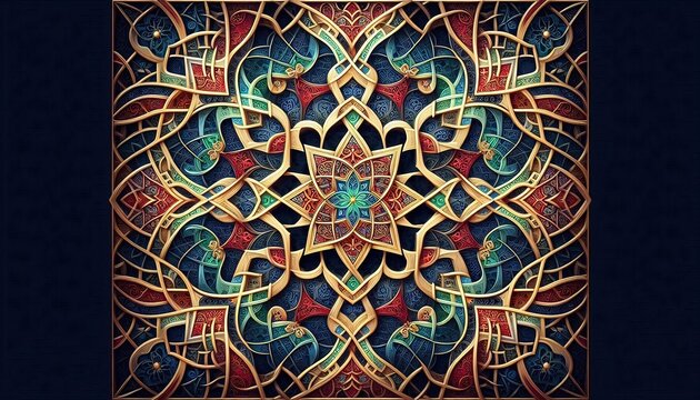 Intricate gold and multicolored geometric islamic art pattern