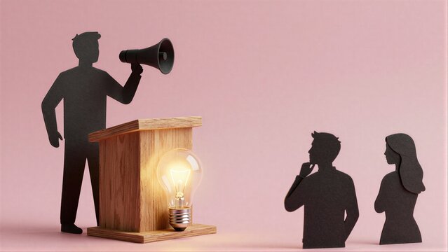 Speaker announces ideas via megaphone, lightbulb symbolizes inspiration for attentive audience.