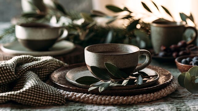 Rustic ceramic cup with greenery on layered plates and woven placemat in warm holiday table setting