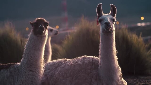 Pair of cute llamas chewing and looking at camera at dusk