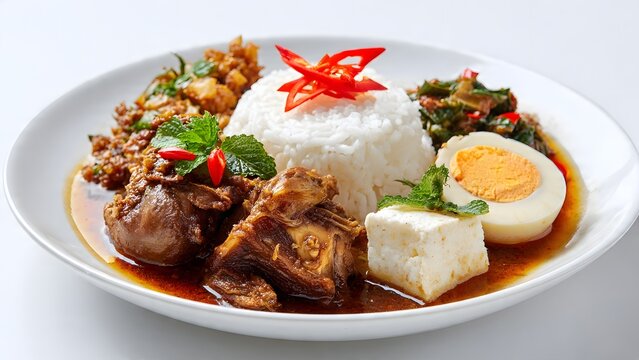 Nasi Campur is a traditional Indonesian dish served with white rice and various savory side dishes.