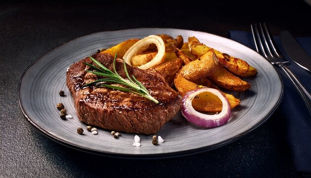 night photography juicy rumpsteak crispy fried potatoes with onions